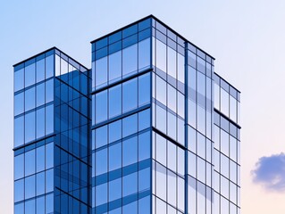 Modern glass skyscraper reflecting the sky at sunset in an urban setting