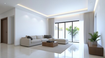 Fototapeta premium Modern living room with a large window on the right side. the window has white curtains and offers a view of the greenery outside.