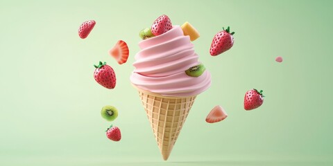 Flying ice cream cone with strawberry topping and fruit chunks, on a soft green background
