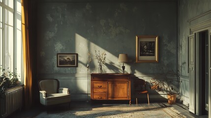 A Sunlit Antique Room Whispers Tales Of Bygone Eras, Its Aged Walls Holding Quiet Memories, Warmed By Golden Light And The Gentle Patina Of Time
