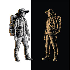 Hiker with Backpack Adventure Illustration Outdoor Explorer Line Art