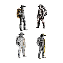 Detailed Hiker with Backpack Illustration Outdoor Adventure Line Art Views