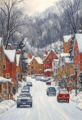 Fototapeta premium Watercolor, winter city street in the old town.