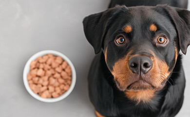 Fototapeta premium Black Rottweiler sits in front of a bowl full of food and looks at the camera. Concept of healthy eating and joy of pets.