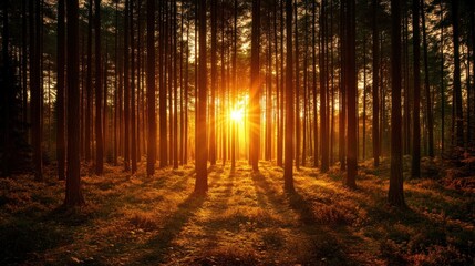 Naklejka premium Golden Hour in the Pine Forest: A Sunset Serenade