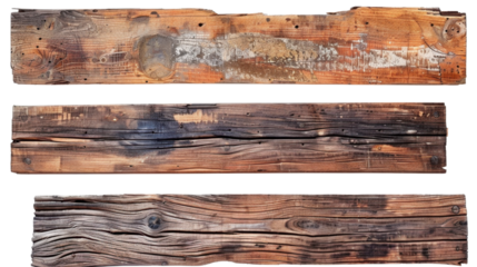 Set of three grunge wooden planks showing knots and cracks on transparent background