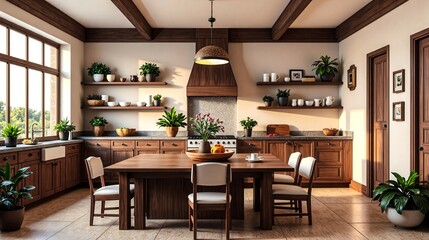 A kitchen with a large wooden table and chairs, and a potted plant on the table. The kitchen is well-lit and has a warm, inviting atmosphere