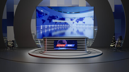 3D Virtual TV Studio News, Backdrop For TV Shows .TV On Wall.3D Virtual News Studio Background,3d illustration