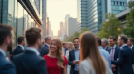 Fototapeta premium An artistic photo with blurred silhouettes of office workers networking in a business district