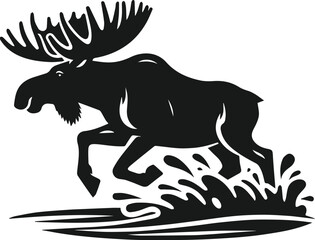 Moose aggressively through a river silhouette