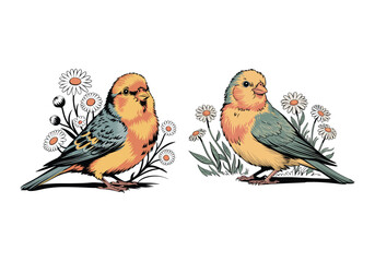 Beautiful Vector Illustration of Two Colorful Birds with Floral Background - Perfect for Nature Lovers
