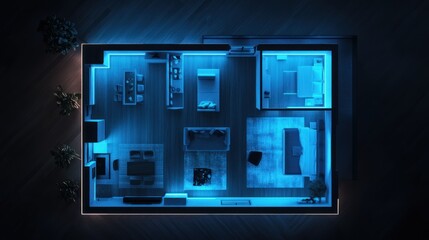 Top-down view of illuminated apartment floor plan, night.  Possible use Interior design inspiration