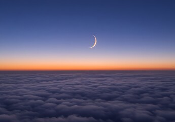Crescent Moon Above a Sea of Clouds Sunset Sky Aerial View blue calm soft high night light orange   