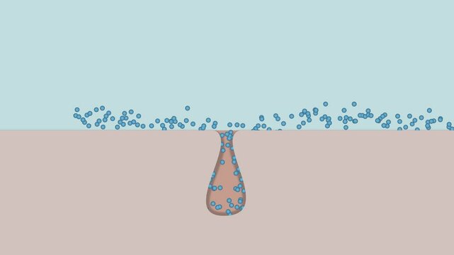 Illustration of a clogged skin pore being cleansed, with blue particles removing impurities from the sebaceous gland.