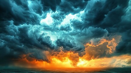 Fototapeta premium Dark, swirling clouds dominate the sky as brilliant orange and blue hues reflect off the tumultuous sea. The atmosphere is charged with anticipation, hinting at an impending storm
