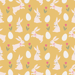 Naklejka premium Easter seamless pattern with rabbits, eggs and tulip flowers. Modern retro cute background. Fabric textile print. Surface cover design.