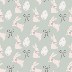 Easter seamless pattern with rabbits, quail eggs and bow knots. Modern retro background. Fabric textile print. Surface cover design.
