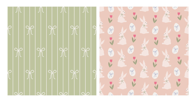 Set of easter seamless patterns with rabbits, tulips flowers and bow knots. Modern retro background. Fabric textile print. Surface cover design.