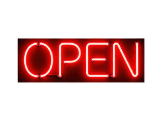 red neon open sign on wall on a transparent background