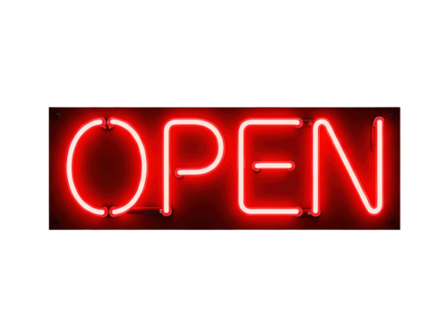 red neon open sign on wall on a transparent background