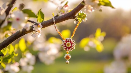 Celebrating raksha bandhan  festive rakhi adorning a tree in a blossoming orchard