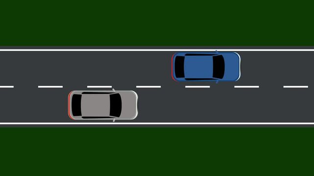 Top-down view of a gray car attempting to overtake a blue vehicle, but the blue car blocks the maneuver on a two-lane road.