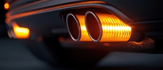 Close-up of the exhaust pipe of a car. the exhaust pipe is elongated and has a curved shape with two exhaust pipes on either side. the pipes are orange in color and appear to be made of metal.
