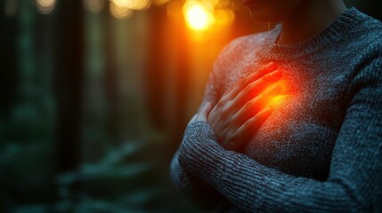Warm Glow of Hope: A Person Placing Hand on Heart in a Tranquil Forest Setting at Sunset, Symbolizing Inner Peace, Healing, and Emotional Connection