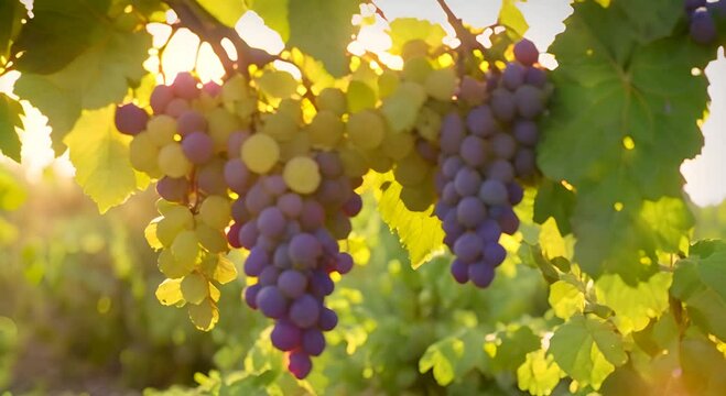 Fresh grapes depend on fertile trees basking under a golden sun with lush green leaves swaying gently in the breeze 4K