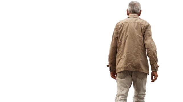 Elderly man walking away on transparent background