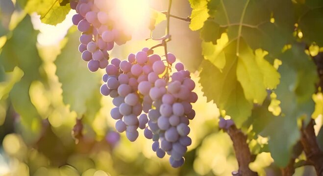 Fresh grapes depend on fertile trees basking under a golden sun with lush green leaves swaying gently in the breeze 4K
