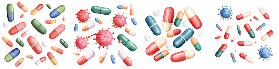 Colorful Assortment of Capsules and Microbes on White Background