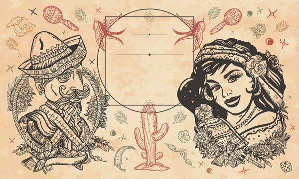 Mexico. Portrait of Mexican man in sombrero, beautiful girl in ethnic costume. National culture and people. Latin America. Old paper background. Medieval manuscript, engraving art