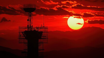 Fiery Sunset over Mountain Range with Tower Silhouette