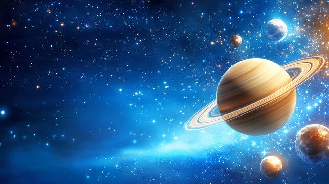 A vivid cosmic landscape features multiple planets, including a prominent ringed planet. Stars fill the background, creating a sense of depth and wonder in the vastness of space