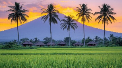 Obraz premium A serene tropical landscape with terraced rice fields winding up the mountainside, palm trees gently swaying in the breeze.