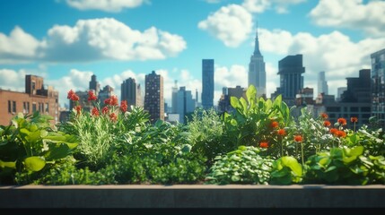 Fototapeta premium Urban oasis lush rooftop garden with fresh herbs against a stunning city skyline