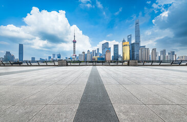 Empty floor with cityscape skyline in Shanghai, China