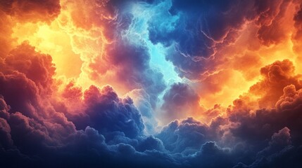 At twilight, a dramatic spectacle unfolds in the sky, with swirling clouds showcasing vibrant hues of orange and blue. This stunning display captivates the viewer, evoking a sense of wonder