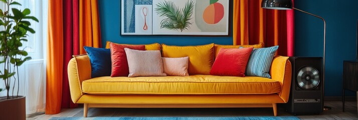 Contemporary Living Room. Trendy Interior with Colorful Walls, Sofa, Vibrant Pillows, Coffee Table, Stylish Design and Cozy Ambiance. Real Estate and Home Decor Concept with Copy Space.