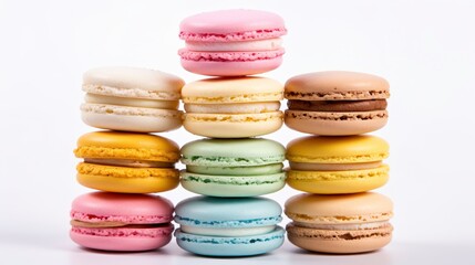 Obraz premium Delicate and Colorful French Macarons Stacked in a Pyramid Formation Against a Clean White Background for Food and Dessert Photography