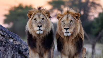 Fototapeta premium A photo of a pair of African lions, Panthera leo, with a golden mane. The lions are in front of a rocky terrain. The background contains a few trees. The photo has a warm hue due to the evening sun.