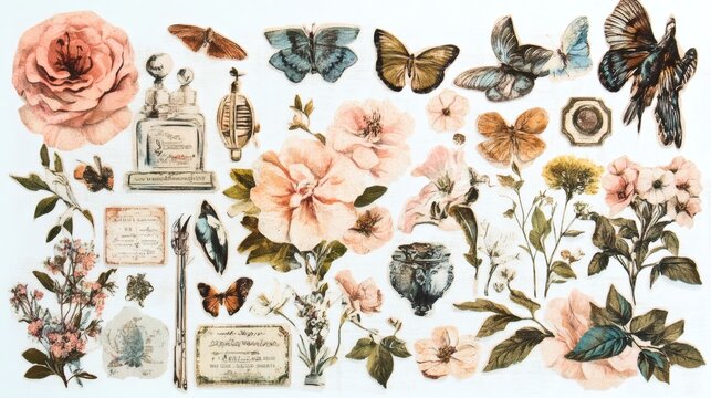 Scrap booking ephemera collage cut out element set isolated on a white background. Decorative vintage photo album flowers, branch, book, bird, butterflies, etc for artistic media.