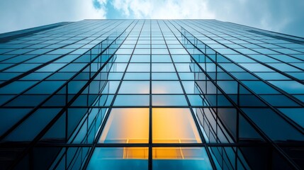 Towering steel and glass rise against the morning sky, reflecting hues of orange. The sleek lines and modern design capture the essence of contemporary urban architecture