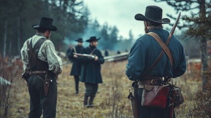 Fototapeta premium Group of men in historical attire preparing for a hunt in nature