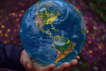 Hand-Holding Digital Earth with Colorful Energy Waves, Visual Effects, and Global Connections,