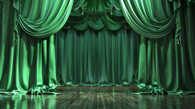 Luxurious green theatrical stage curtains with soft light create an atmosphere of mystery and elegance, perfect for posters, event invitations and theater programs.