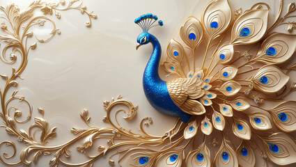 Elegant 3D Gold Peacock Long Tile with Intricate Floral Design – Luxurious Decorative Art for Timeless Beauty and Sophistication