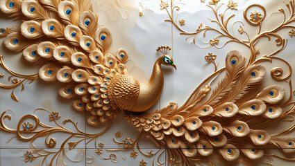 Elegant 3D Gold Peacock Long Tile with Intricate Floral Design – Luxurious Decorative Art for Timeless Beauty and Sophistication