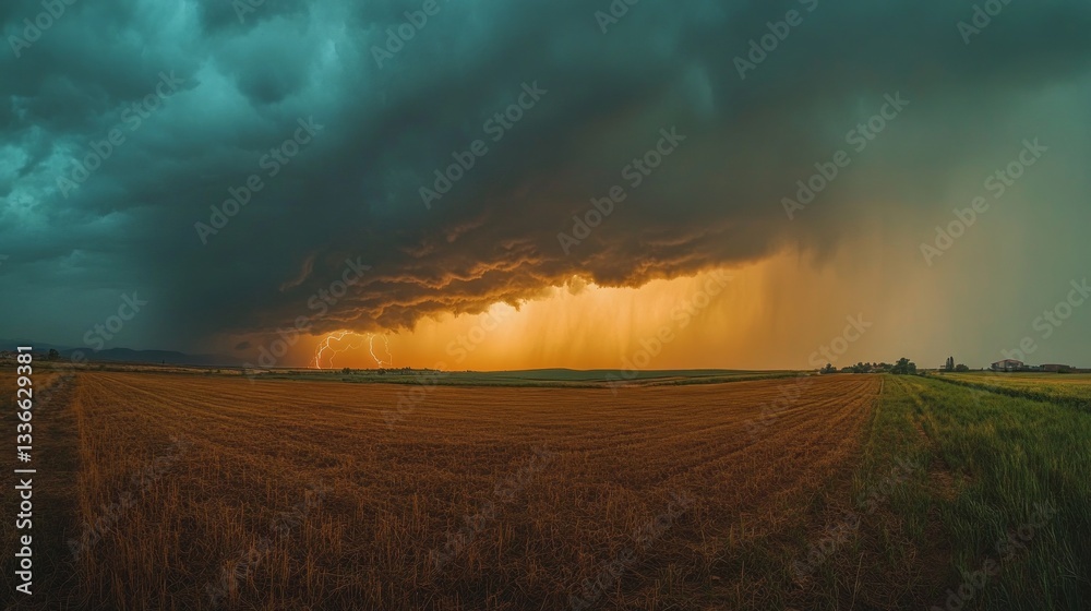 Poster a vibrant contrast emerges as dark, thunderous clouds loom ominously over sprawling golden fields. l